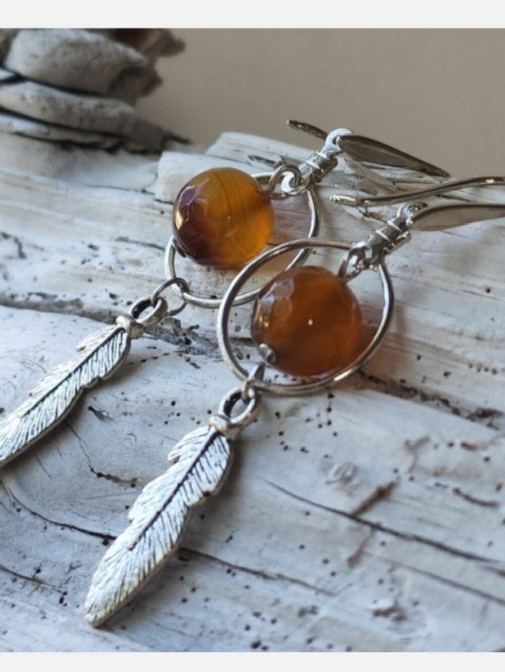 Silver-plated Very Light Earrings Natural Agate Feather Boho Gypcy